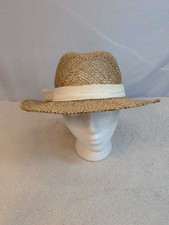Straw Hat Wide Brim Fedora Summer Beach Sun Hat White Ribbon Accent
