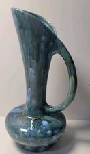 Vintage MCM Pottery Blue Gold Glaze Pitcher With Handle, 8" 