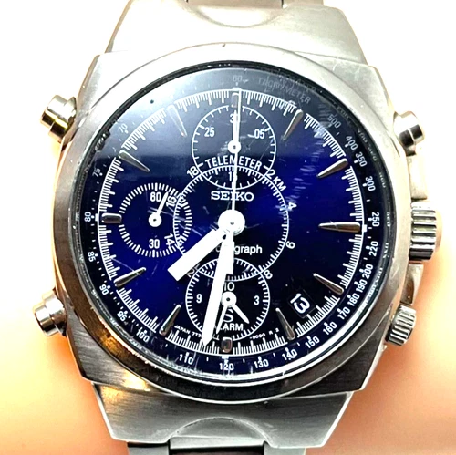 Vintage Seiko Chronograph 7T32 Qz SS Blue Dial Date Alarm Mens Watch Japan#255B