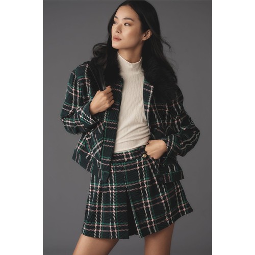 Anthropologie NWT Maeve Plaid Crop Faux Fur Collar Coat Size Large
