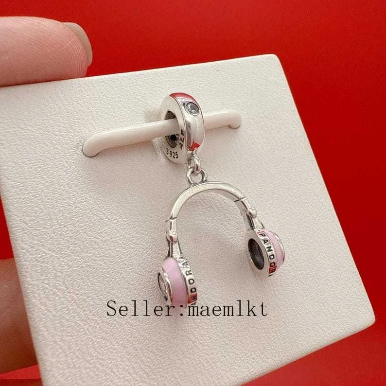 Nuevo Dije de Auriculares Rosa Plata de Ley 925, Dije para Pulsera Foto 2 de 2