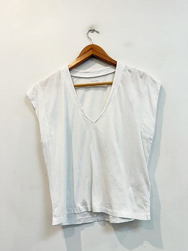 Designer FRAME Size S White Cotton V Neck Women's T-Shirt