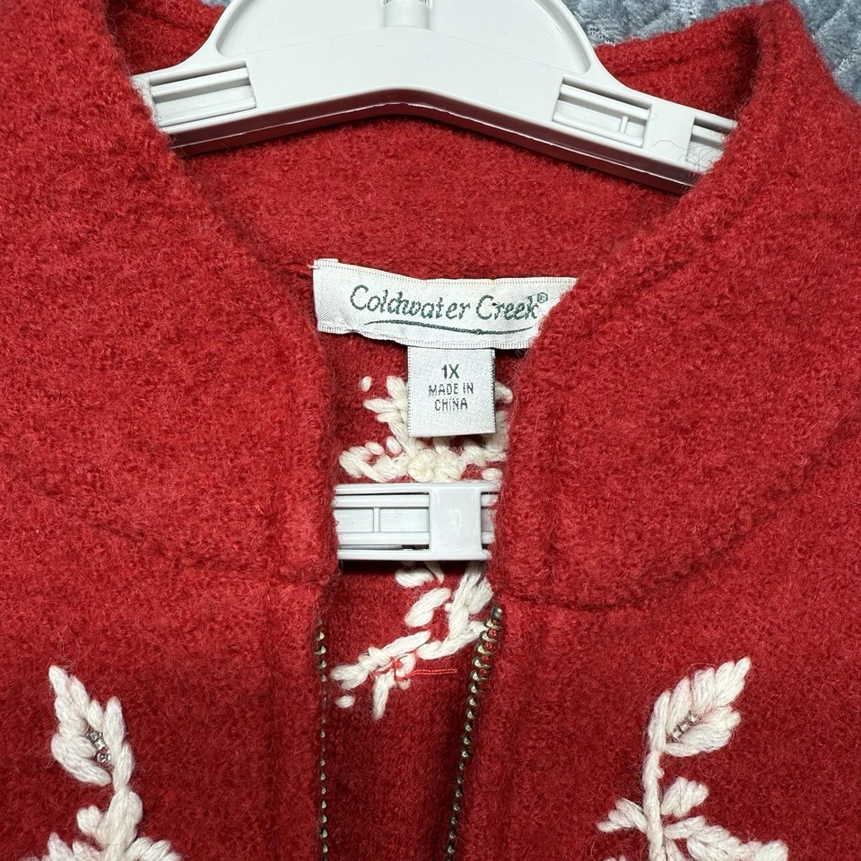 Chaqueta Coldwater Creek 100% Lana Roja Floral Bordada Cremallera 1X Navidad Años 2000 Foto 3 de 4