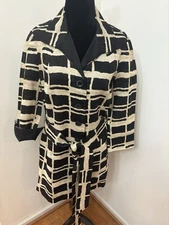 Carlisle Black Cream Window Pane Print Linen 3/4 Sleeve Belted Jacket Size 4