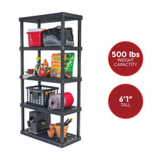 5-Tier Plastic Storage Shelves, 73" H x 17" W x 35" D, 500 Lb Total Capacity, Bl