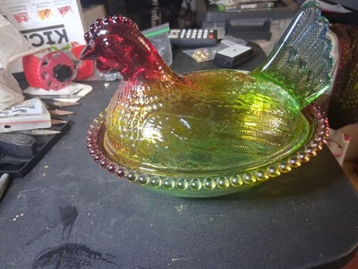 Glass ''Hen On Nest'' Red Green Candy Dish 5''T X 7''L X 5'' Multi Colored