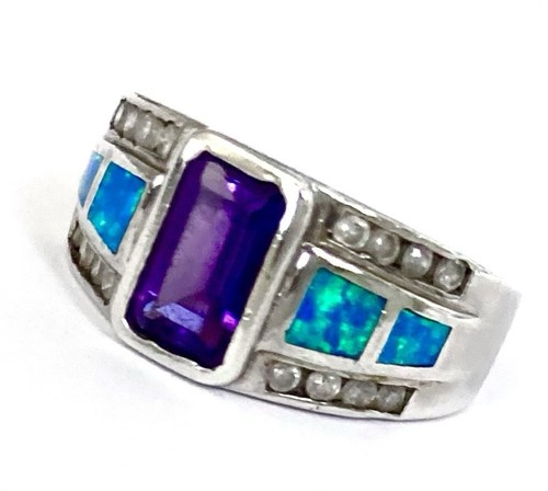VINTAGE DESIGNER ATASAY KUYUMCULUK Sterling Silver AMETHYST-OPAL-CZ Ring~Size 9 - Bild 3 von 4