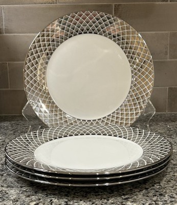 Ciroa Luxe Lattis Platinum Metallic Bottom Porcelain Dinner Plates 10.5  (qty 4)