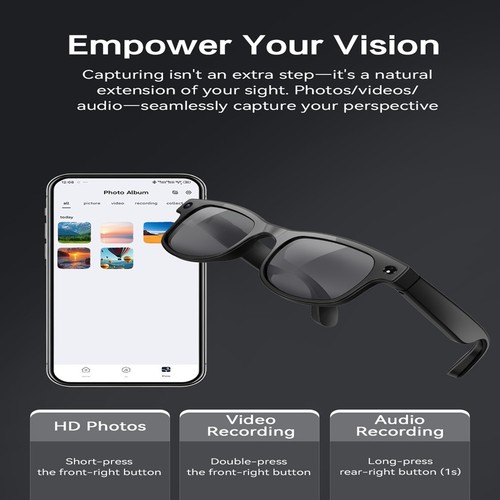 Gafas para cámara inteligente con cámara ultra ancha de 8 MP HD 1080P, bloqueo de luz azul... - Imagen 15 de 20