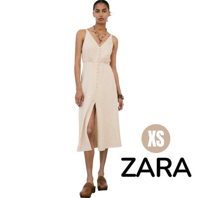 Zara Women's Cottagecore Linen button-up Front Slit mididress in beige - XSMALL 