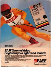 BASF Vintage Magazine Ad Skiing VHS Chrome Cassette 8x11 Multi-Color 1970s 80s