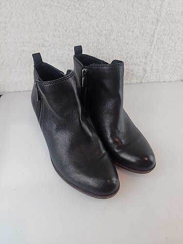 Lucky Brand Basel Leather Booties Size 7M Side Zip Block Heel Boots Black - 第 1/8 張圖片