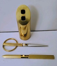 Vintage Modernist Brass Scissors Letter Opener Desk Set Caddy Mid Century 7.5