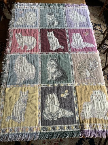 Vintage Crazy Cat Lady Woven Cotton Tapestry Throw Blanket 90s 68x45” Double Thi