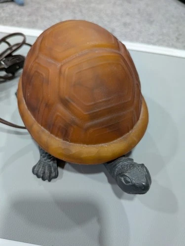 VTG Turtle Lamp with Amber Tiffany Style Glass, Brass Base Tortoise Night Light