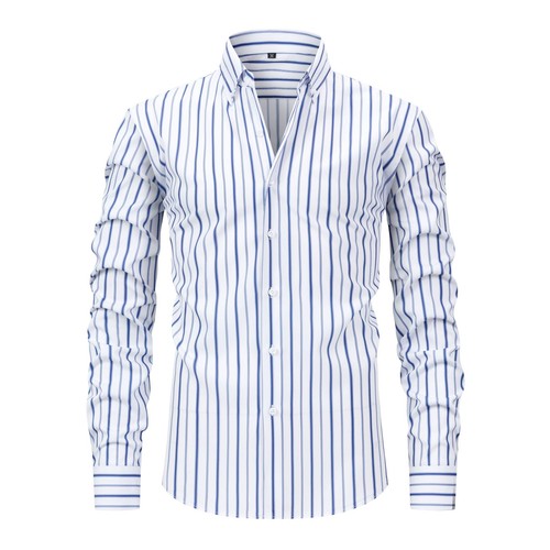 Mens Dress Shirts Formal Business Long Sleeves Striped Casual Elastic Shirts Top - Picture 2 of 19