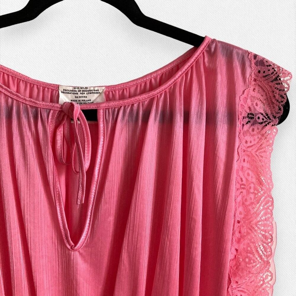 Vintage Unique Satin Lingerie Pajama Set Neon Pink Semi Sheer Lace Retro Small