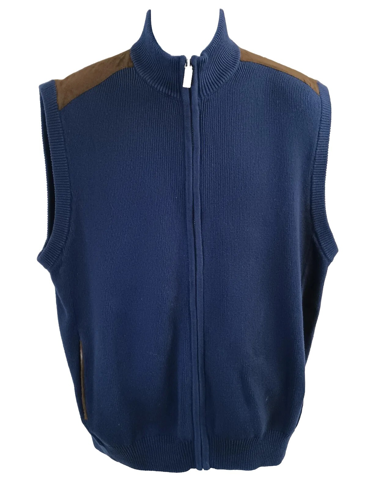CHAPS Sweater Vest Men’s XL Navy Blue Full Zip Brown Microsuede Trim