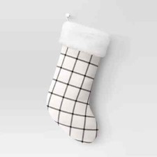 20" Woven Windowpane Plaid Christmas Stocking with Faux Shearling Cuff - Wonders