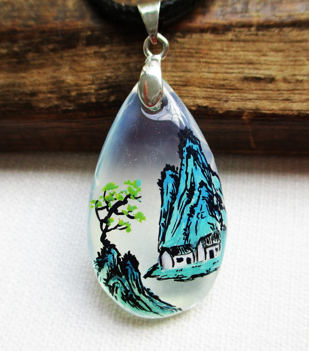 Hand Painted Glass Pendant Handmade Shanshui Watercolor Painting Necklace 22Q191