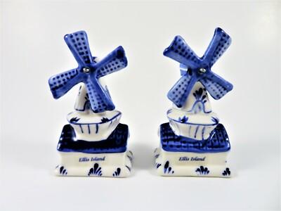Delft Dutch Windmill Souvenir Salt & Pepper Shakers Ellis Island Porcelain Pair