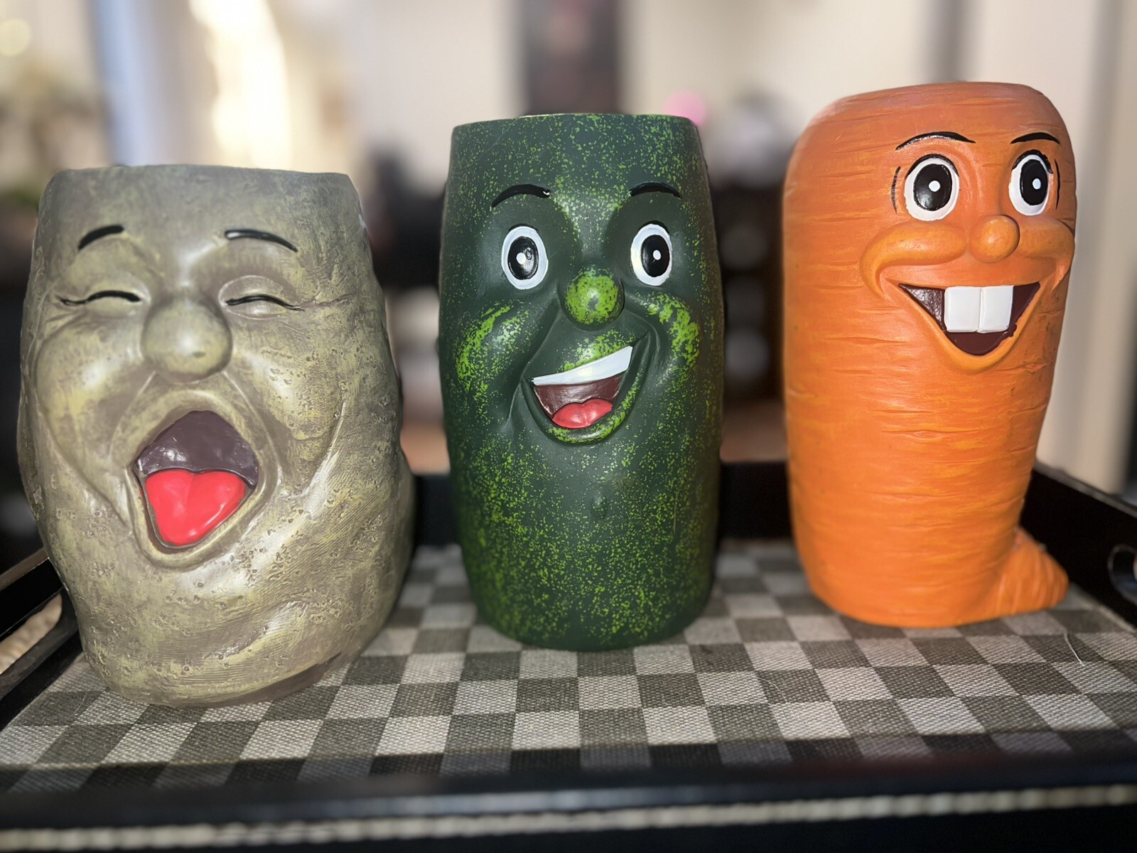 Three Veggie Smiling funny face herb pots planters Carrot Cucumber Potato