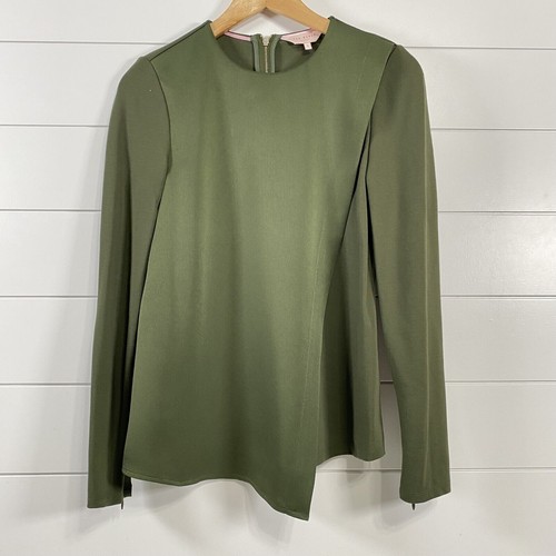Ted Baker Womens Asymmetric Long Sleeve Blouse sz 1 (4) Green Designer Artsy