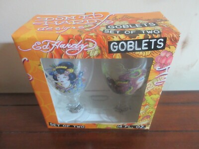 2 ED HARDY WINE GOBLETS GEISHA GIRL & GIRL W SNAKE 7'' TALL 14 OZ GLASSES NEW 