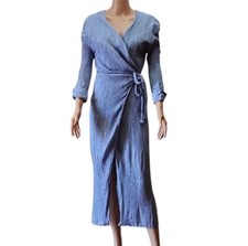 ENTRO SELF-TIED BOWKNOT WRAP KNIT MIDI DRESS LONG SLEEVE BLUE SIZE M MEDIUM