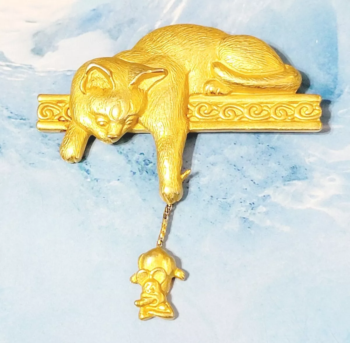 Vintage Signed JJ Cat Mouse Brooch Pin Gold tone 2.5