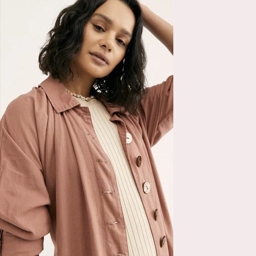 Free People Cappotto Spolverino Oversize Misto Lino Ruggine Cintura Bottoni Altalena Piccolo S - Foto 5 di 5