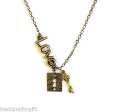 TYLER CODY BRASS GOLD TONE FLORAL LOCK,KEY PENDANT+"LOVE" NECKLACE-NEW+BOX