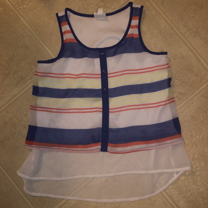 Girls 7/8 M Disney Striped Sleeveless Top blouse Sheer Overlay Navy Blue Orange 