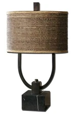 Contemporary Boutique IRON MARBLE Arms 2 Light Table Lamp Rattan Shade