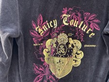 Juicy Couture Velour Vintage Y2K Black Hoodie Crest Floral Emblem Sz XL USA