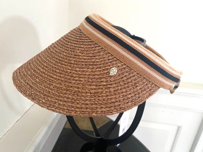 HELEN KAMINSKI BIANCA 12 RAFFIA VISOR HAT NEW/TAG  NOUGAT/BLACK STRIPE