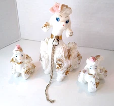 Vtg. 50s Japan White & Gold Spaghetti Poodle Mom & Puppies With Chains Figurines