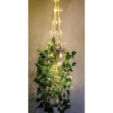 Macrame Plant Hanger with Lights Indoor Hanging Planter Basket Wood Beads Flower