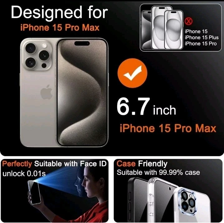 Milomdoi 4 Pack Privacy Screen Protector for Apple iPhone 15 Pro Max + 4 camera  - Image 2 of 4