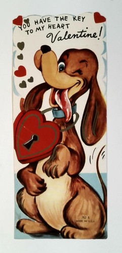 Vintage 1960s Valentine Card Winking Dog Holding Heart Padlock 6.25"h