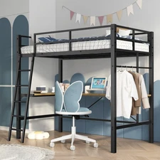 Twin Metal Loft Bed with L-Shaped Desk, Charging Station Loft Bed Frame Twin Siz