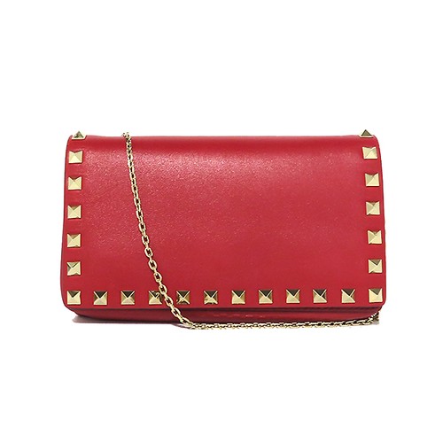 VALENTINO MW0P0372 Red Leather Studded Chain Crossbody Bag