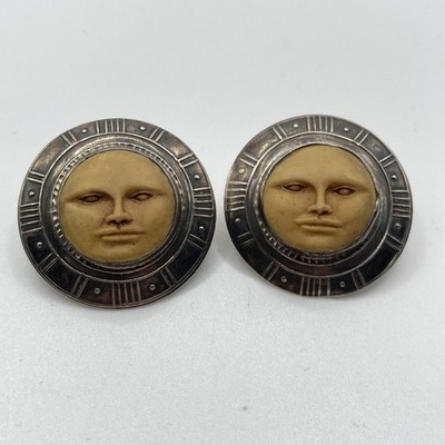 Vintage Tabra Sun Face God Moon Goddess Earrings 14K Gold Post Sterling Silver