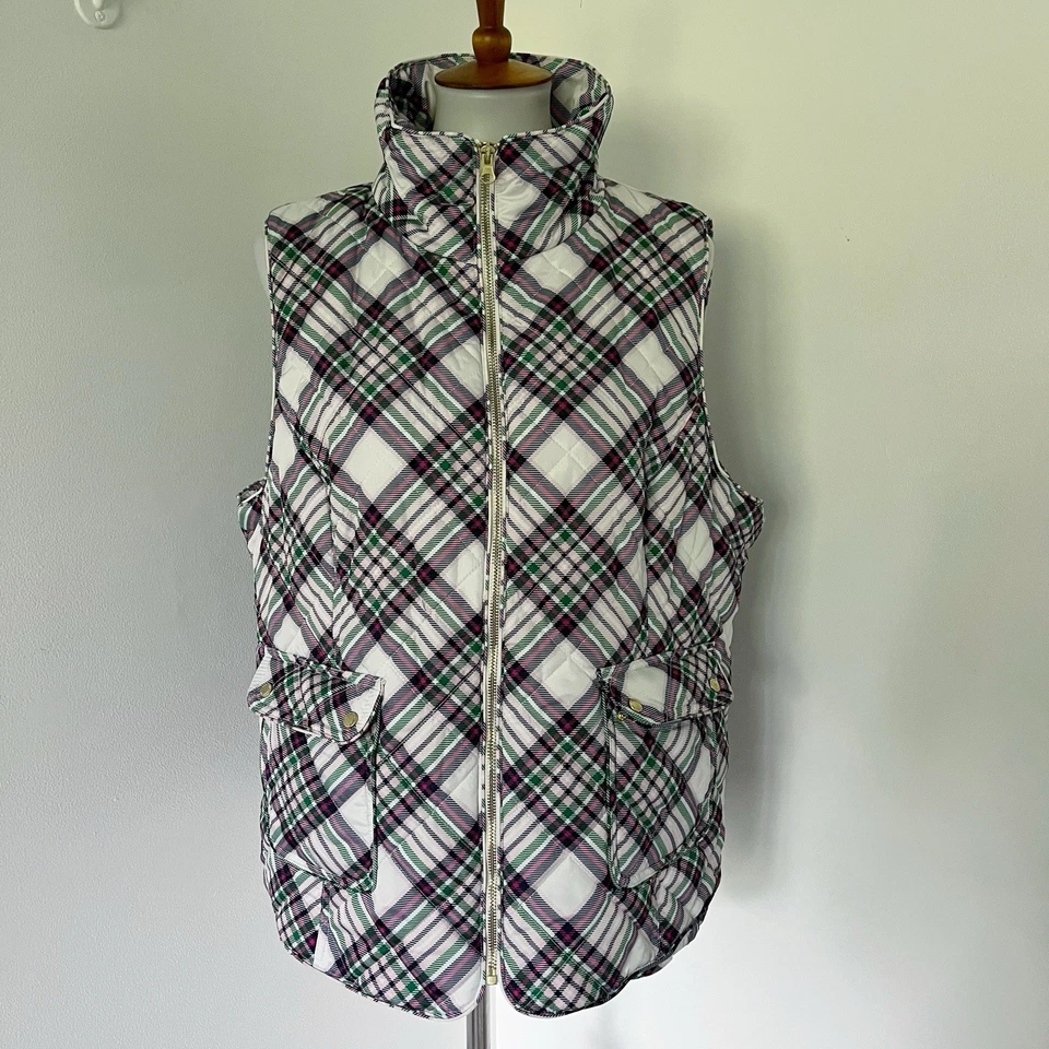 Chaleco acolchado Crown & Ivy tartán a cuadros blanco rosa verde azul para mujer XXL acolchado Foto 2 de 4