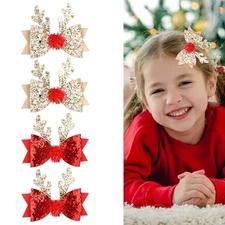 4pcs Christmas Hair Clips, Cute Reindeer Antlers Hair Bow Clips Glitter Sequin 