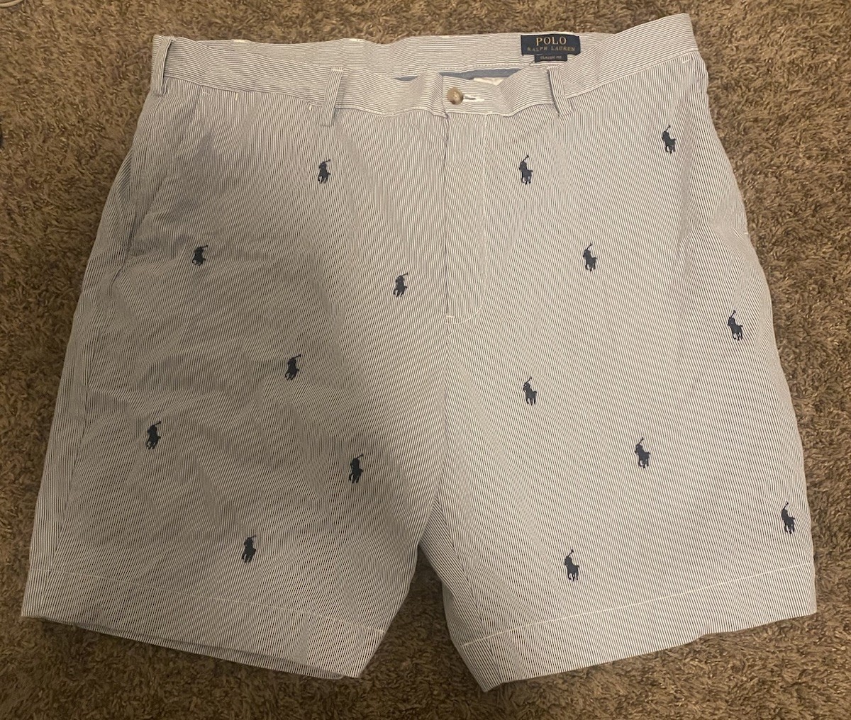 Polo Ralph Lauren Seersucker Striped Embroidered Chino Shorts Blue White Men