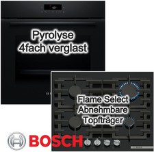 BOSCH Herdset Gas Pyrolyse 3D-Heißluft FlameSelect Schwarz 71 Liter Rahmenlos