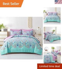 Soft Microfiber Twin Bed Set - 5 Piece Aqua and Lilac Damask Comforter Combo
