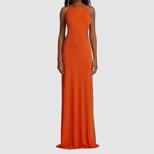 $595 Halston Women's Orange Open-Back Self-Tie Halter Neck Gown Dress Size 12