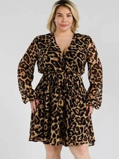 Womens Plus Size Brown Animal Print Mini Dress 2XL Long Sleeve
